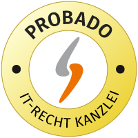 Se muestra un logotipo redondo de la IT-Recht-Kanzlei en amarillo y blanco con la palabra PROBADO.