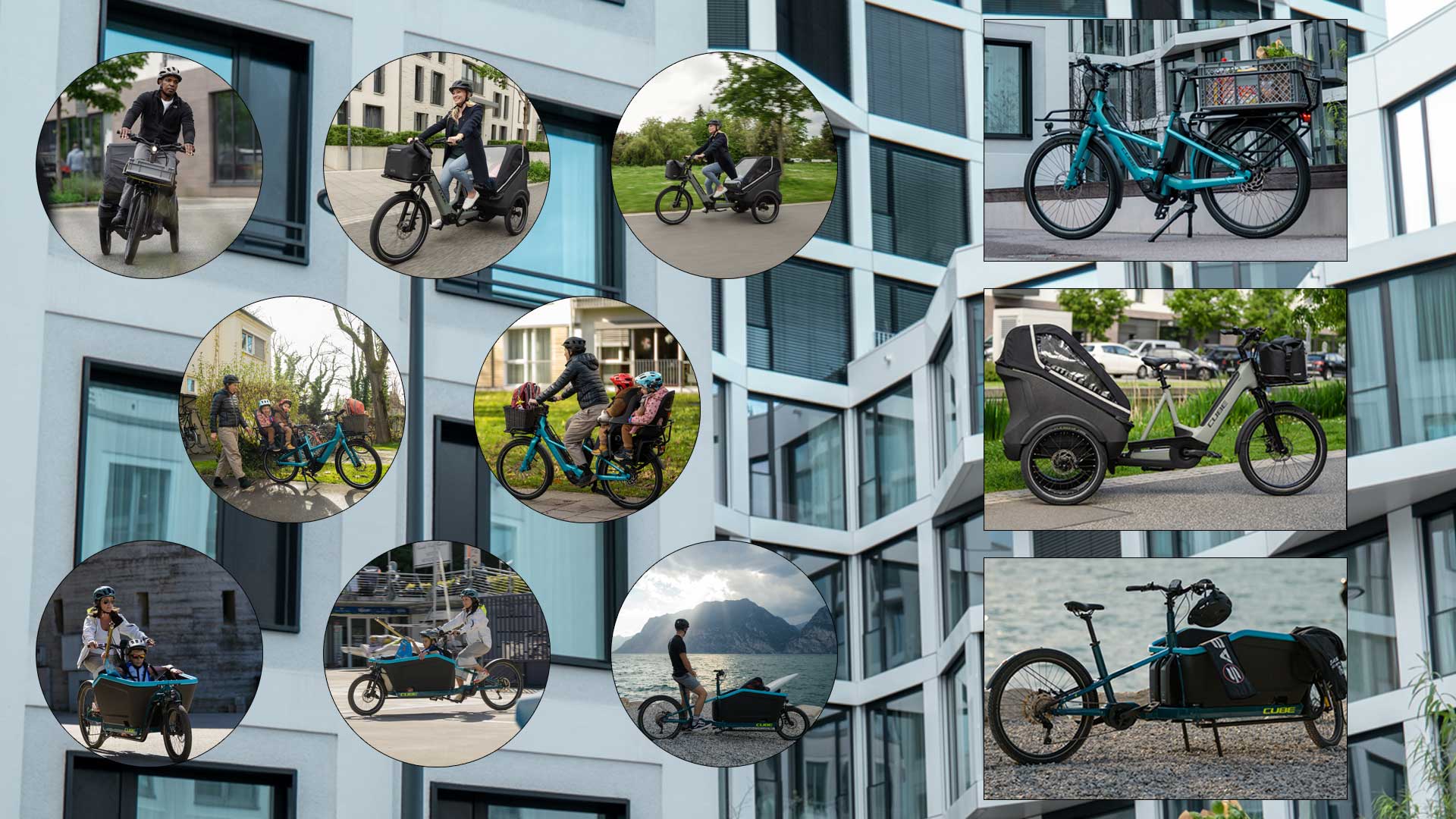 Se puede ver un collage de imágenes con diferentes situaciones en las que se utiliza una bicicleta de carga. Aquí se ilustran las diferentes posibilidades de uso de una bicicleta de carga.
