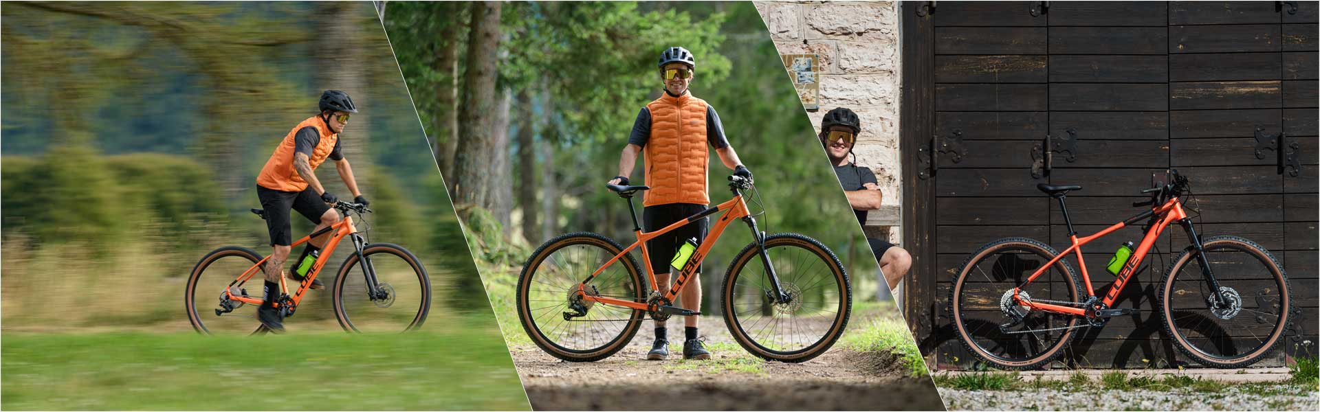 Banner con tres imágenes separadas por líneas blancas. A la izquierda, un ciclista va de pie sobre una bicicleta de montaña Cube Attention Hardtail. En el centro, está de pie detrás de la bicicleta y la sujeta. A la derecha, está sentado en un banco, con la Cube Attention apoyada contra la pared.
