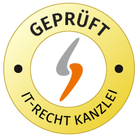 Se muestra un logotipo redondo de la IT-Recht-Kanzlei en amarillo y blanco con la palabra «CGC PROBADS».
