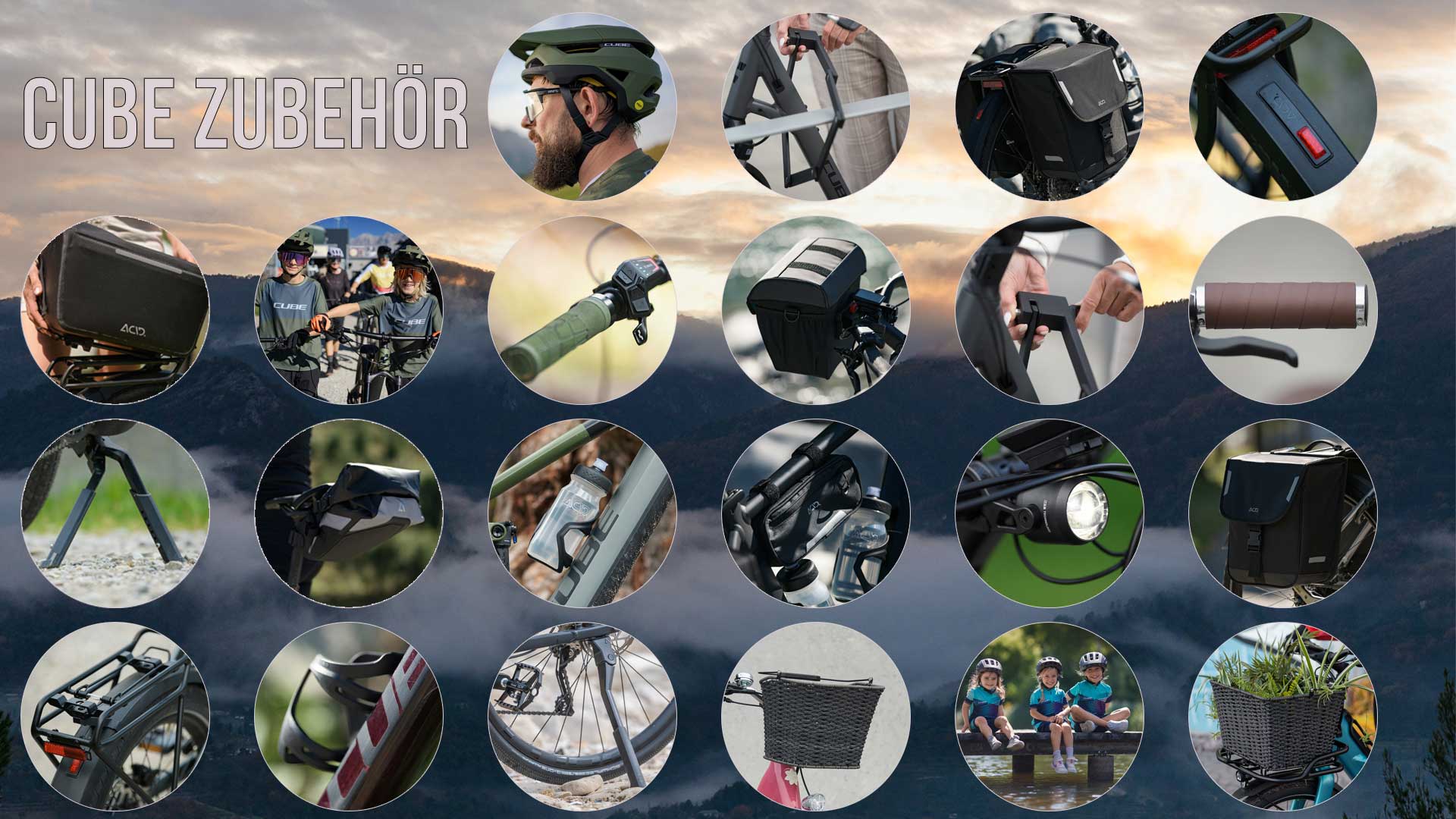 Se puede ver un collage de imágenes con el título «Accesorios Cube». En él se muestran todos los accesorios que ofrece el fabricante Cube.