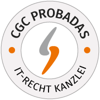 Se muestra un logotipo redondo de la IT-Recht-Kanzlei en amarillo y blanco con la palabra «CGC PROBADS».