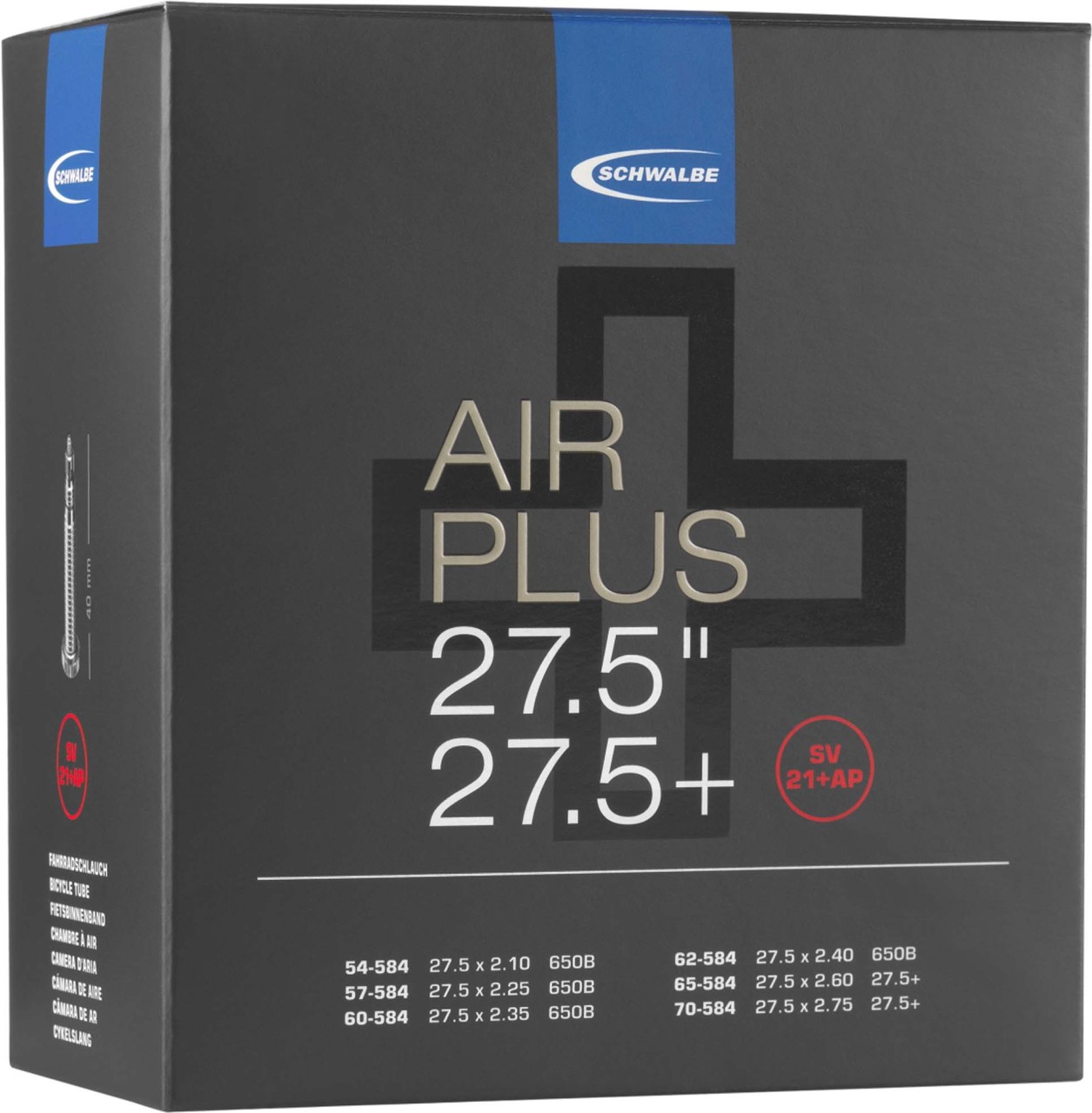 Schwalbe Cámara de aire AIR PLUS SV No. 21+AP 27.5+"