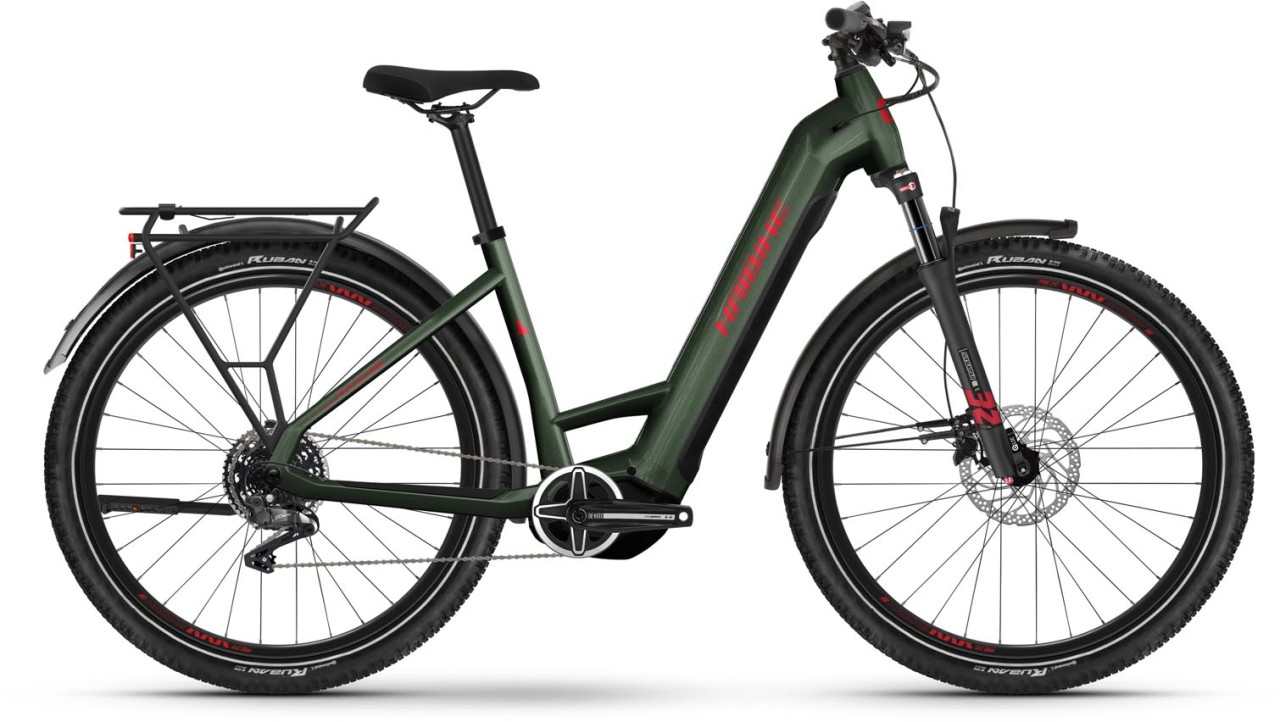 Haibike Trekking 5 olive / red gloss 2024 - Bicicleta-Eléctrica Trekking Acceso Fácil
